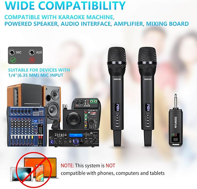 Rechargeable Wireless Microphones Dual, Pro Handheld Cordless Mics System Dynamic with Echo Treble BASS VOL Control for Karaoke Singing Church Party, 1/4'' Output, D240, Black