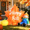 DomKom 6 FT Fall Inflatable Outdoor Decoration, Happy Fall Maple Leaf Blow Up with Scarecrow & Pumpkin, Built-in LED Lights, Harvest Autumn Thanksgiving Decorations for Lawn Garden Yard