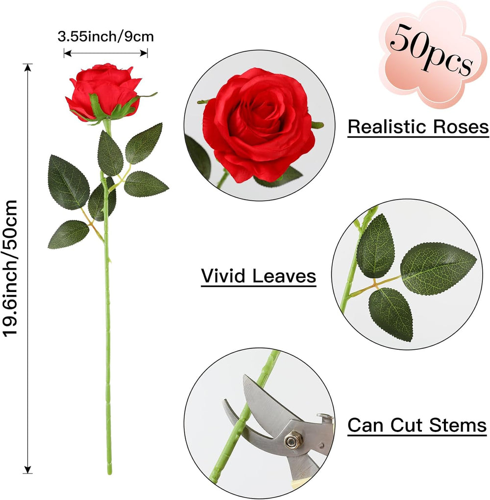 50pcs Fake Red Roses Bulk, Silk Roses Artificial Flowers with Long Stem