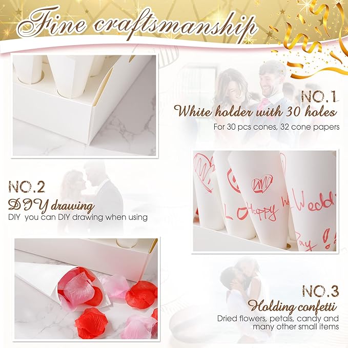 6 Set Wedding Confetti Cone Holder Box Each Includes 30 Pieces of Cone Papers and 30 Holes for 30 Confetti Cones Box Party Confetti Cone Kraft Stand Tray Box for Wedding Party Candy Flower(White)
