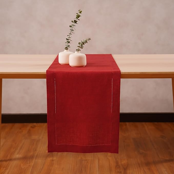 Linen Table Runner 14 x 90 Inch Long - 100% Pure Linen Christmas Red Table Runner - Cloth Fabric Hemstitch Runner for Thanksgiving, Christmas, Winter, New Year - Elara