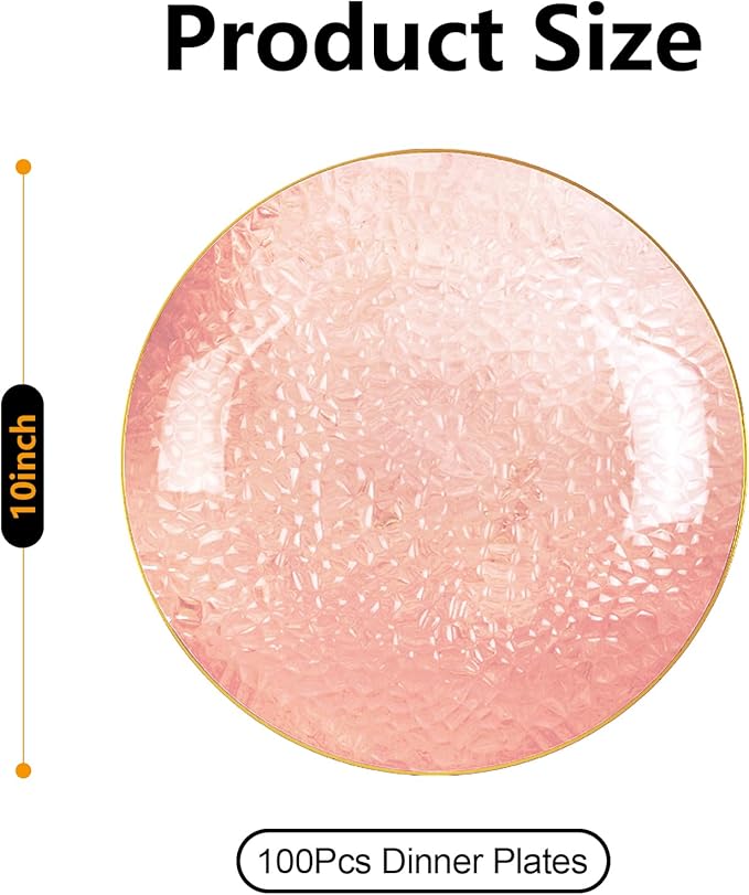 Rubtlamp 100 Pcs Pink And Gold Plastic Plates - 10 inch Clear Pink Gold Dinner Plates - Hammer Pattern Design - Fancy Disposable Plates - Heavy-Duty Party Plates Ideal for Mother's Day