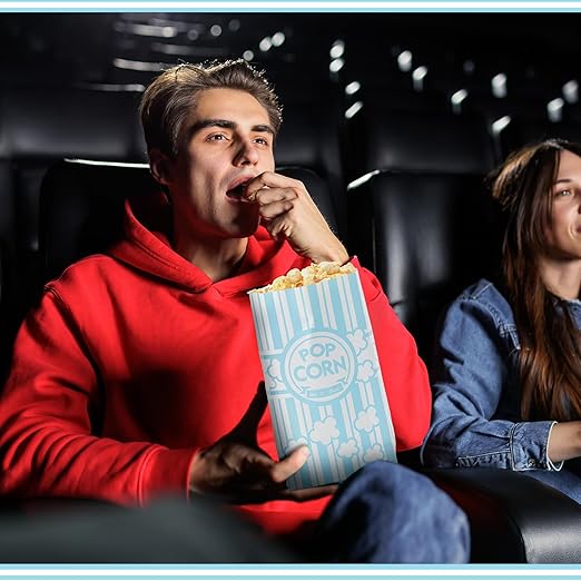 200 Pcs Paper Popcorn Bags Bulk 2 oz Large Flat Bottom Boxes Red and White Disposable Container Sleeve Movie Night Popcorn Bucket for Retro Movie Themed Party Carnival Supplies (Light Blue and White)