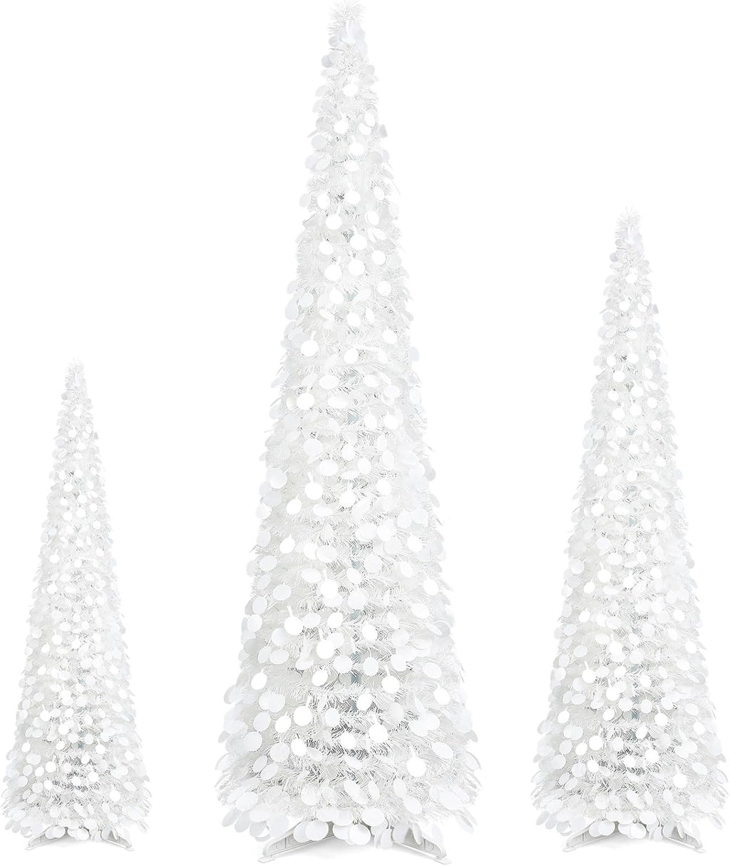 Leyndo 3 Pcs 3 ft 4ft 5 ft Collapsible Artificial Christmas Tree Pop up White Sequined Tinsel Pencil Skinny Xmas Tree for Home Fireplace Decoration