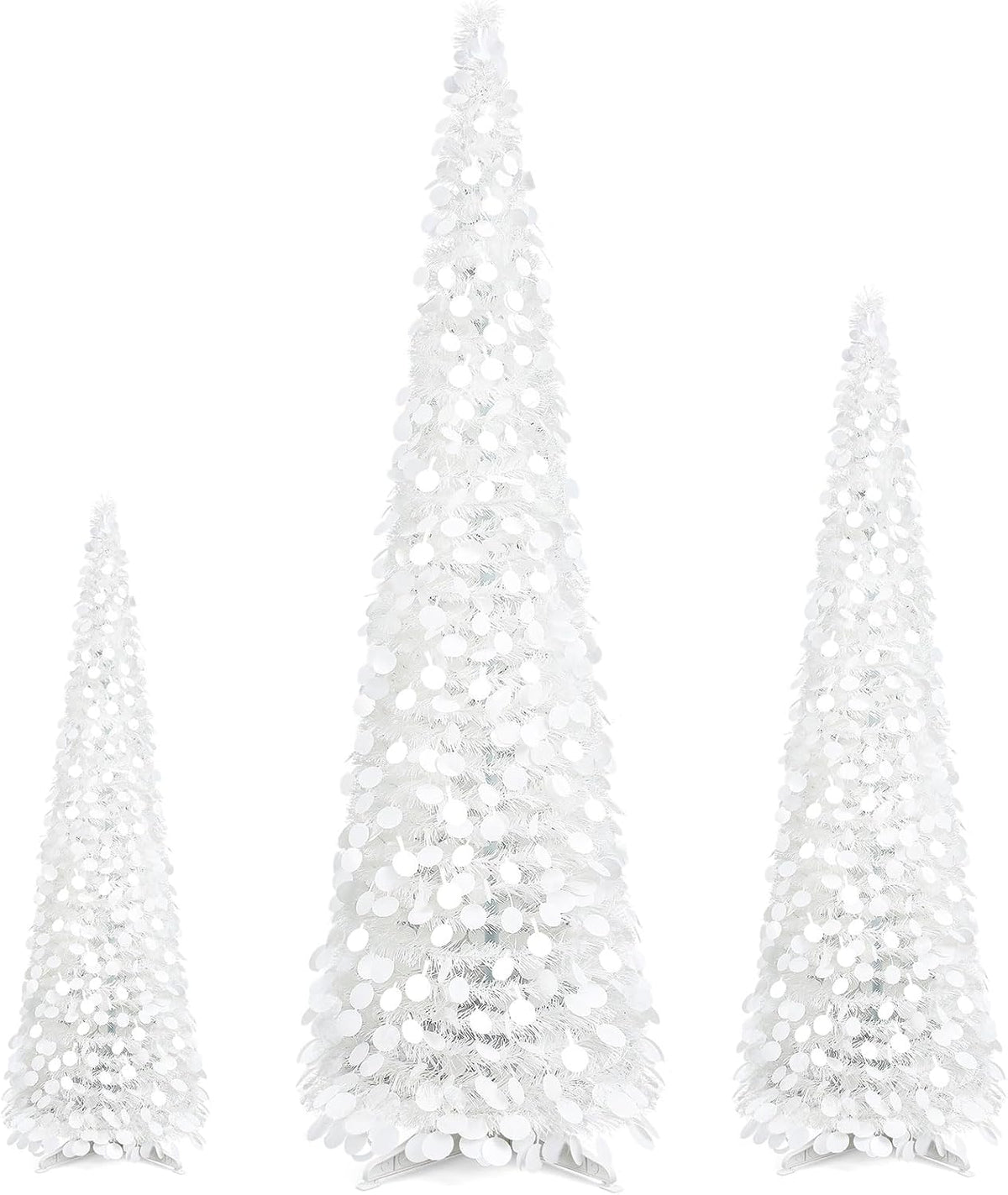 Leyndo 3 Pcs 3 ft 4ft 5 ft Collapsible Artificial Christmas Tree Pop up White Sequined Tinsel Pencil Skinny Xmas Tree for Home Fireplace Decoration