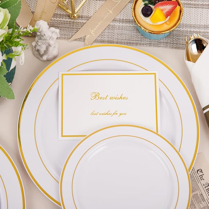 350Piece Gold Dinnerware Set for 50 Guests - Gold Plastic Plates with Disposable Cutlery Include:50Dinner Plates-50Dessert Plates-50Pre Rolled Napkins with Silverware for Thanksgiving