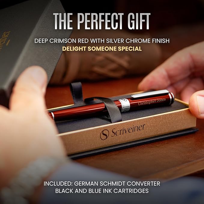 Scriveiner Personalized Deep Crimson Red Pen - Stunning Red Lacquer Luxury Pen with Chrome FinishGerman Schmidt Nib (Medium), Best Engraved Fountain Pen Gift Set for Men & Women, Name Engraving
