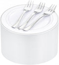 WELLIFE 240PCS Silver Plastic Dessert Plates - Includes 120PCS Silver Forks, 120PCS 6.3 Inch Salad & Appetizer Plates - Perfect for Wedding & Party