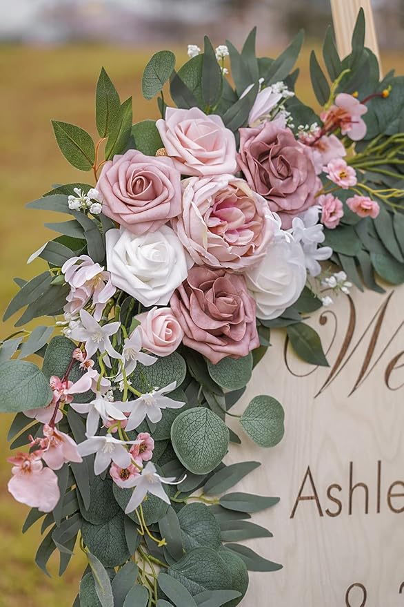ponatia Small Wedding Arch Flowers (Pack of 2), Artificial Dusty Rose Flowers for Wedding Welcome Signs Decorations and Arch Flower for Wedding Ceremony Reception (Dusty Rose & Blush)