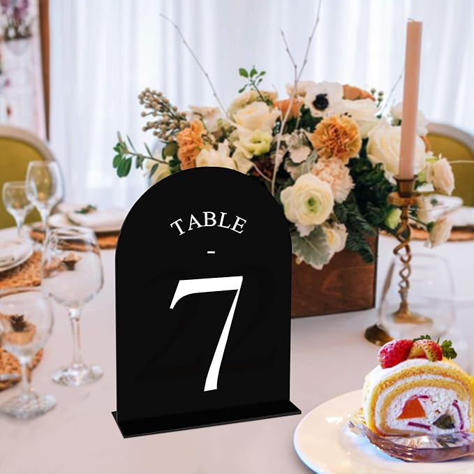 JOYIT Arch Wedding Table Numbers 1-30 with Stands – Double-Sided Printed 5" X 7" Acrylic Table Signs with Black Background White Text, Perfect Acrylic Table Numbers for Wedding Receptions, Parties, Anniversaries, and Events