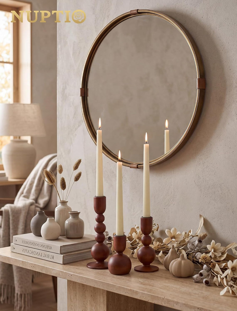 NUPTIO Wooden Taper Candle Holders, Set of 6 Brown Candlesticks