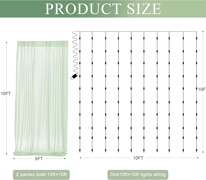 Tulle Backdrop Curtain with Lights String 10FT X 10FT Sage Green Sheer Tulle Backdrop Curtains for Wedding Birthday Party Reception Photo Booth Background Decorations (2 Panels 5x10FT)