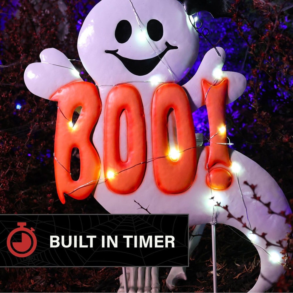 Haunted Hill Farm 2-Ft. White LED Boo Halloween Sign with Friendly Ghosts