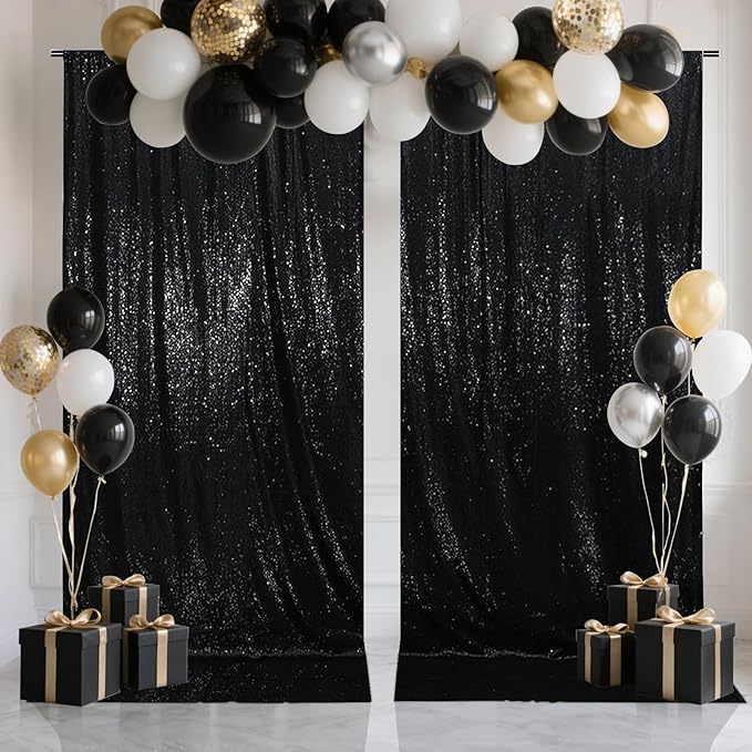 SquarePie Sequin Backdrop Curtain 8FT x 10FT Black Satin Backing Fabric Photography Background for Wedding Patry 4FT x 10FT 2 Panels (2 PCS)