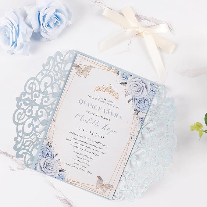 50pcs Laser Cut Wedding Invitation Pockets 5x7 '' Dusty Blue Wedding Invitations Kit With Envelopes Blank Inner Sheet and Ribbon for Wedding Bridal Shower Quinceanera Engagement Party Invite