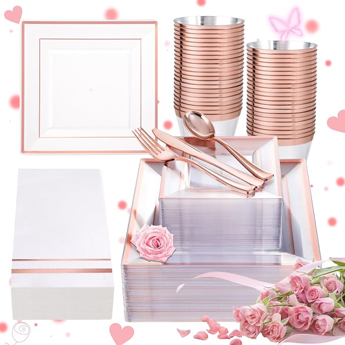 Festiva 350Pcs Rose Gold Plastic Plates - Clear Rose Gold Disposable Dinnerware Sets for 50Guests include 100 Plates 50 Cups 50Plastic Cutlery 50Napkins Perfect for Party&Wedding&Mother's Day