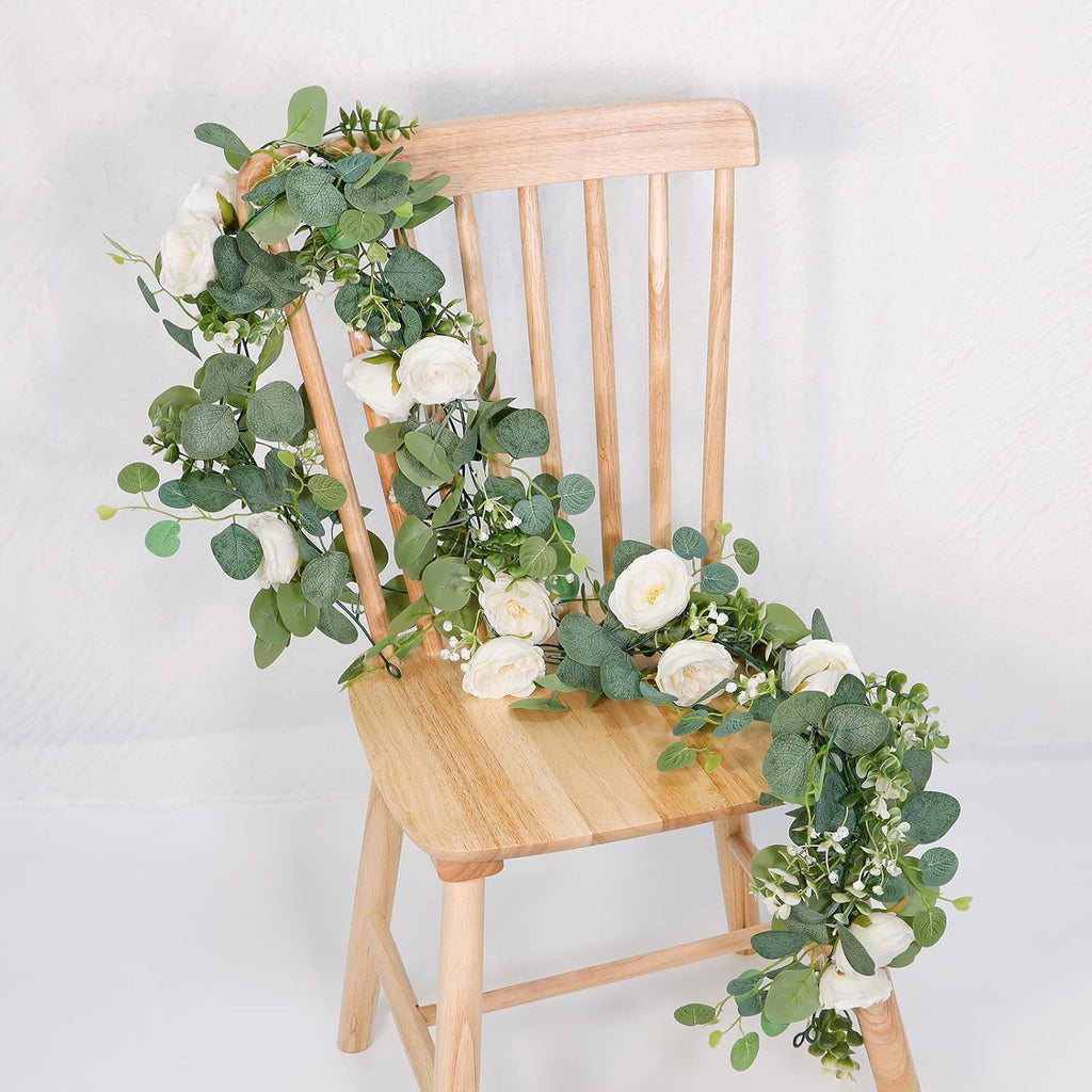 TOCHGREEN 4 Pack Artificial Eucalyptus Flower Garland with White Roses