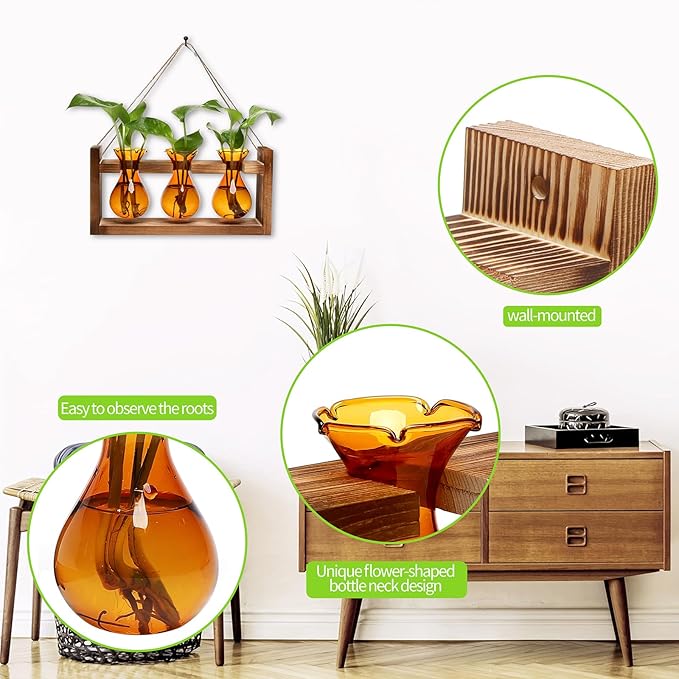Plant Propagation Station Plant Terrarium Unique Birthday Gifts for Women Home Office Decor Planter with Wooden Stand - 3 Bulb Glass Vase