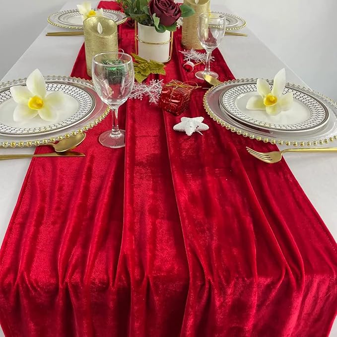Luxurious Velvet Table Runner, 10ft Wedding Reception Decorations, 20x120inch Soft Velvet Fabric, Table Linen Overlay, Wedding Table Runners (Red, 20X120inch, 2pack)