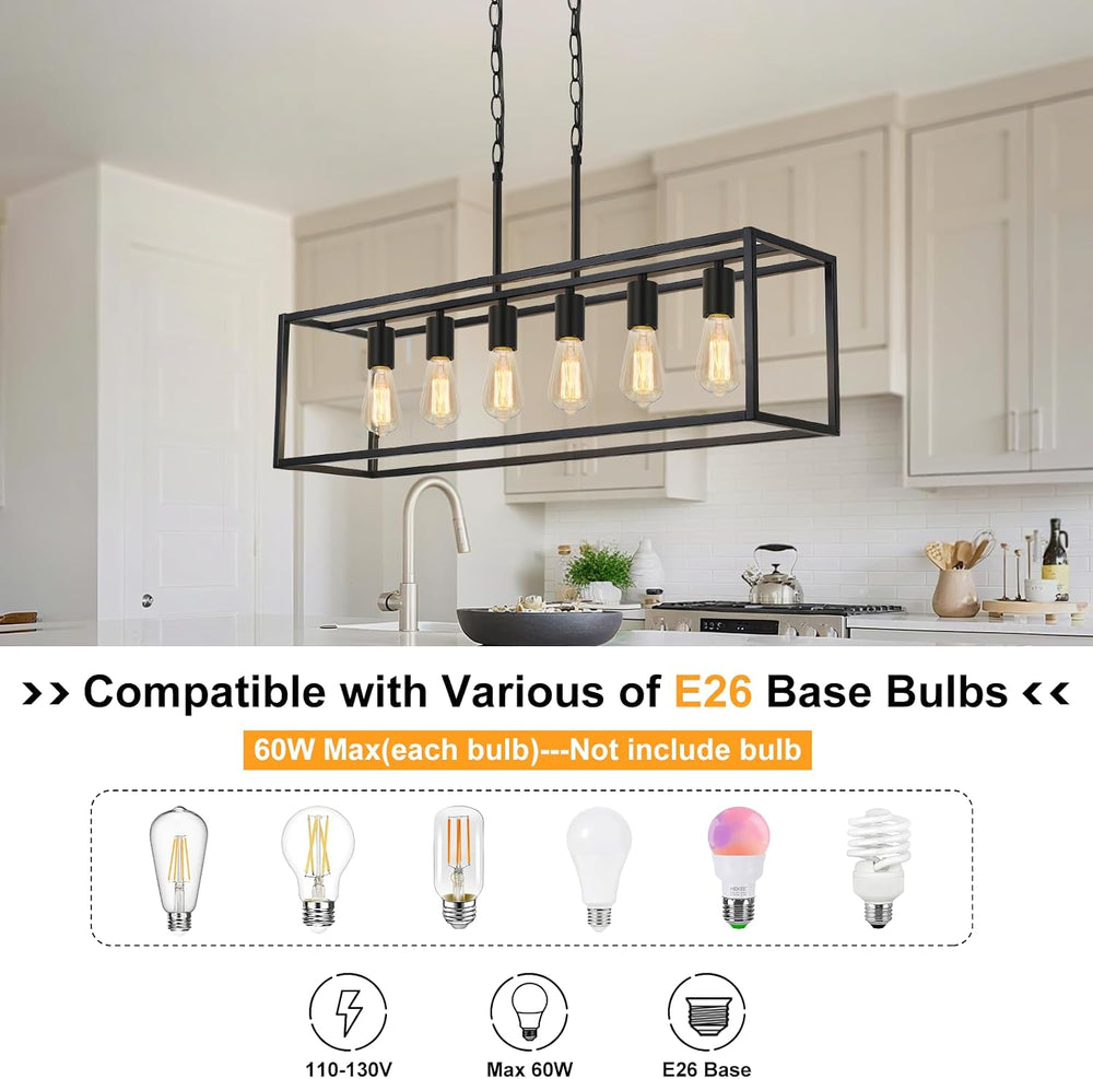 6 Light Black Chandeliers for Dining Room, Adjustable Height Linear Chandelie...