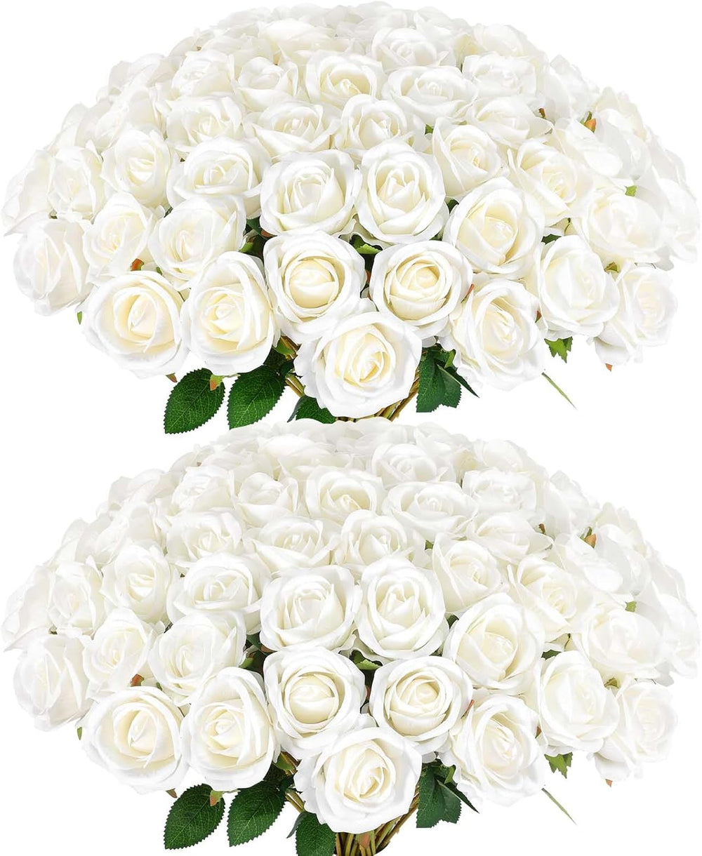 Rowfad 120pcs White Roses Artificial Flowers Bulk Fake Silk Roses for Decor