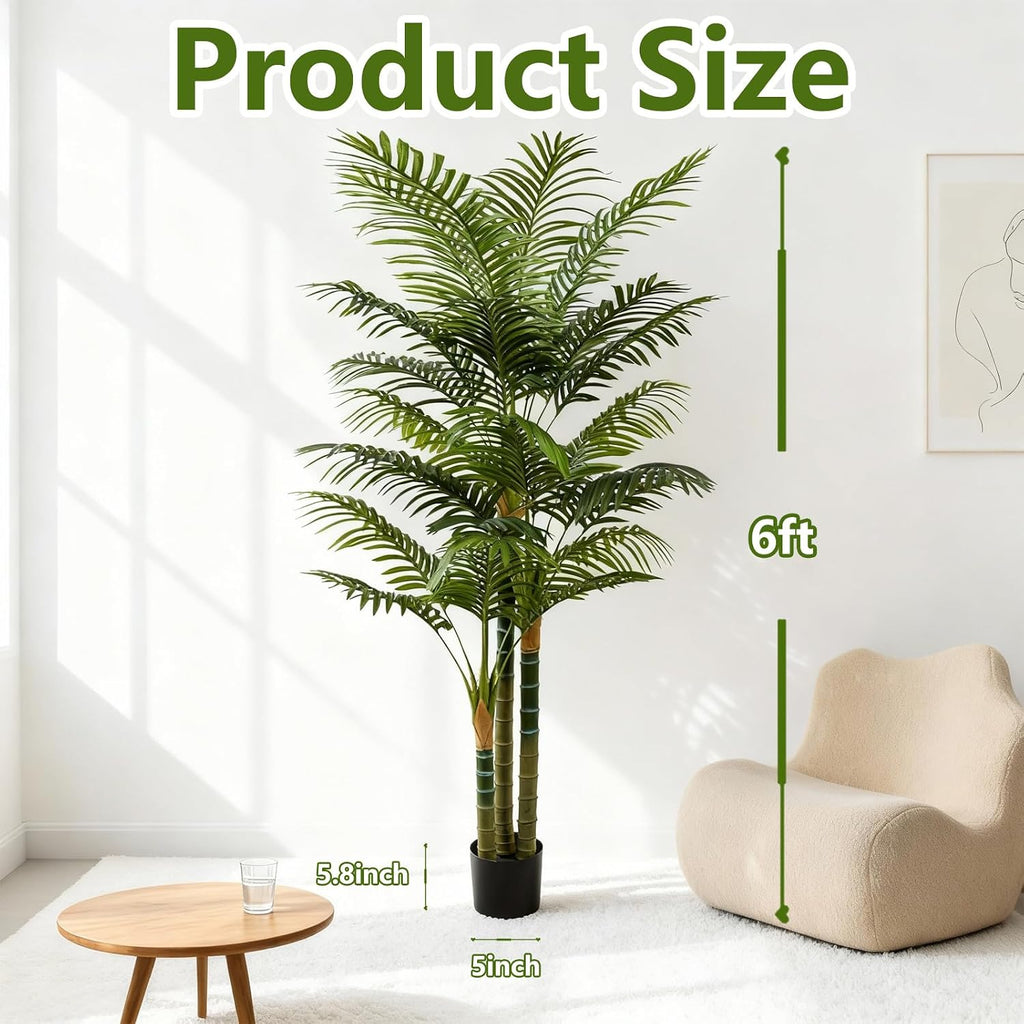 6FT Tall Golden Cane Artificial Palm Tree, Large Faux Palm Tree with 3 Textured Trunks, Outdoor Artificial Plants, Fake Tree for Indoor Office Living Room Outside Patio.