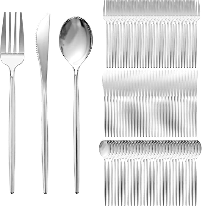SUT 600PCS Heavy Duty Disposable Silverware - Includes 200 Knives, Forks and Spoons - Silver Plastic Utensils Set for Party/Wedding