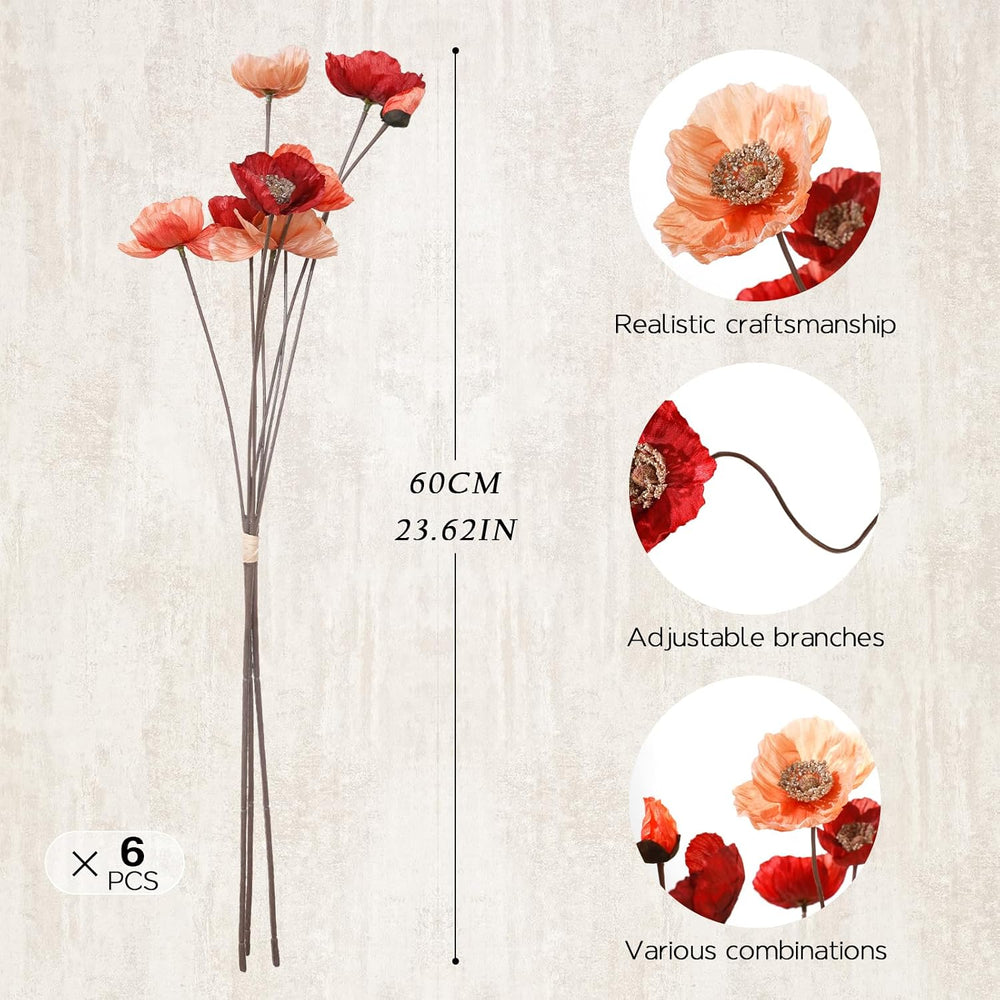Artificial Poppy Flowers, 6 Bundles Faux Poppies for Vase Decor
