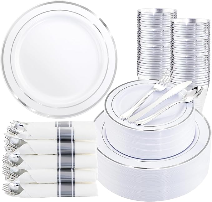 350Piece Silver Plastic Dinnerware Set for 50 Guests - Silver Plastic Plates with Cutlery Include:50Dinner Plates-50Dessert Plates-50Pre Rolled Napkins with Silverware for Christmas