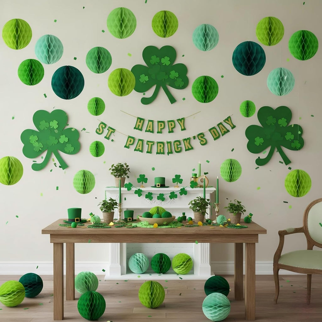green paper honeycomb balls,12 pack hanging tissue pom, side view