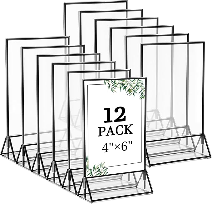 Floroom 12 Pack 4x6 Inch Clear Acrylic Sign Holders, Double-Sided Black Display Stand Picture Frames for Table Numbers, Menus, Flyers, Weddings, and Offices