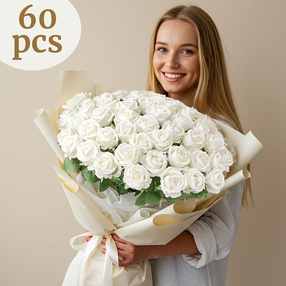 Auihiay 60PCS White Roses Artificial Flowers, Fake Roses, Velvet Silk