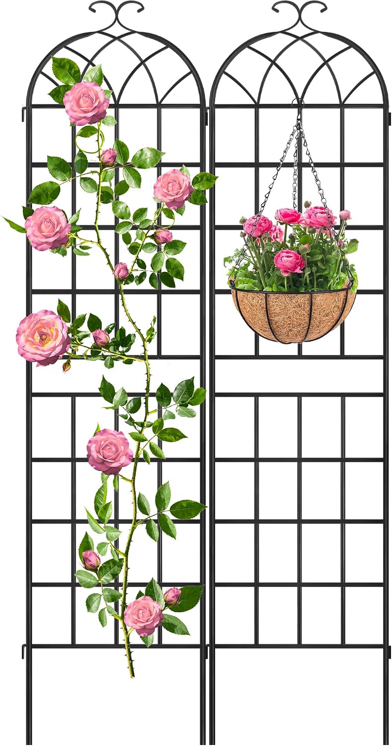 82.7 x 40in Rustic Iron Arch Decoration Garden Trellis with Black Metal Coati...