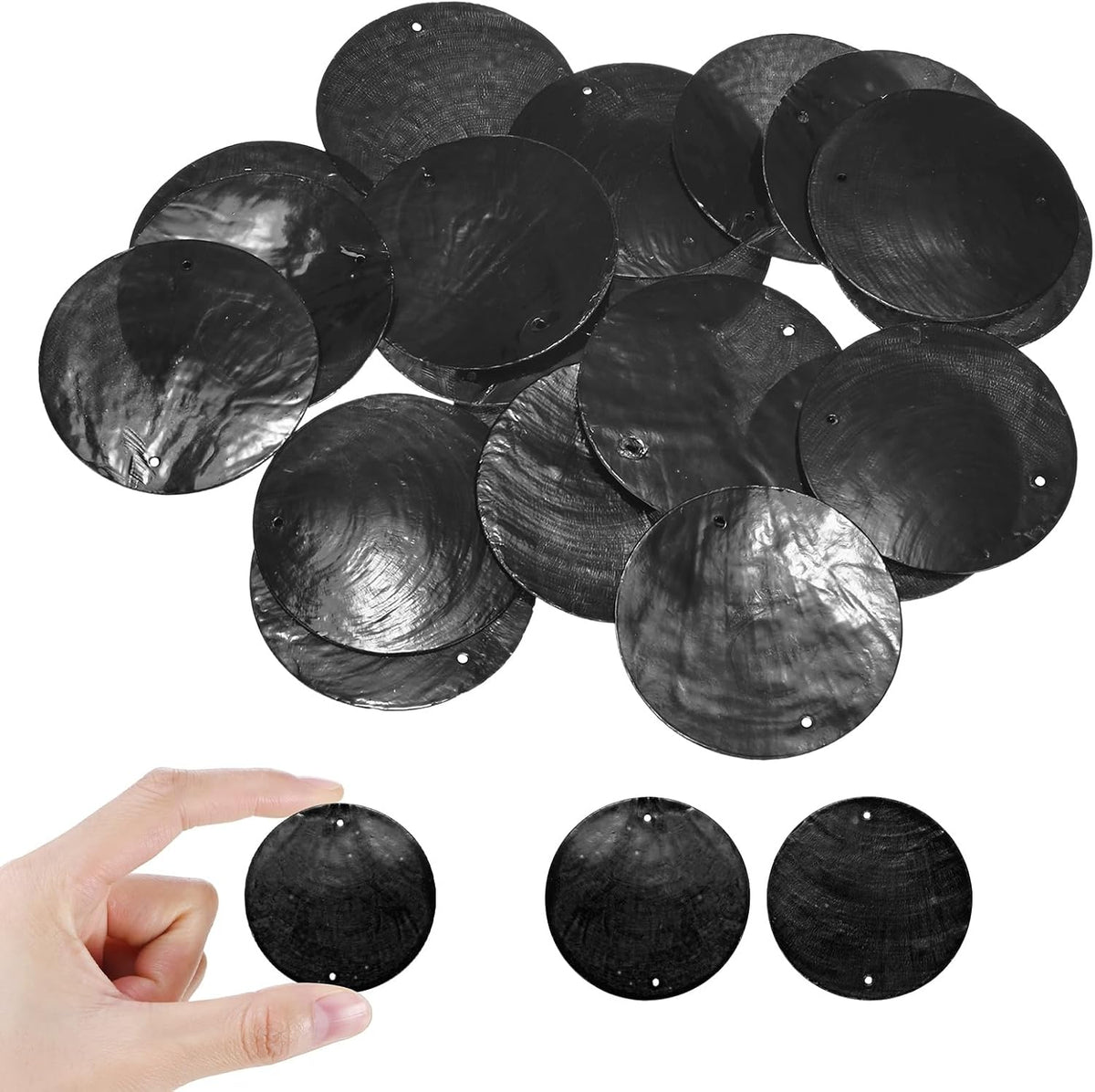 M METERXITY 150-Pack Round Capiz Sea Shells, 2 inch(50mm) 2 Holes Natural Shell Pieces for Wind Chimes/Seashell/Curtain Shell/DIY Craft, Flat Round Coin Bead [Black]