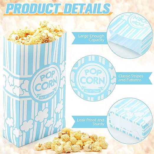 200 Pcs Paper Popcorn Bags Bulk 2 oz Large Flat Bottom Boxes Red and White Disposable Container Sleeve Movie Night Popcorn Bucket for Retro Movie Themed Party Carnival Supplies (Light Blue and White)