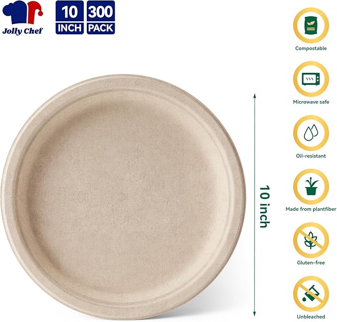 JOLLY CHEF Compostable Heavy Duty Plates 𝟭𝟬 𝗜𝗻𝗰𝗵 [𝟯𝟬𝟬 𝗣𝗮𝗰𝗸] Eco-Friendly Disposable Paper Plates Made of Bagasse Biodegradable Bulk for Party Dinner Sugarcane Fibers Round (Natural) (300 Pack)