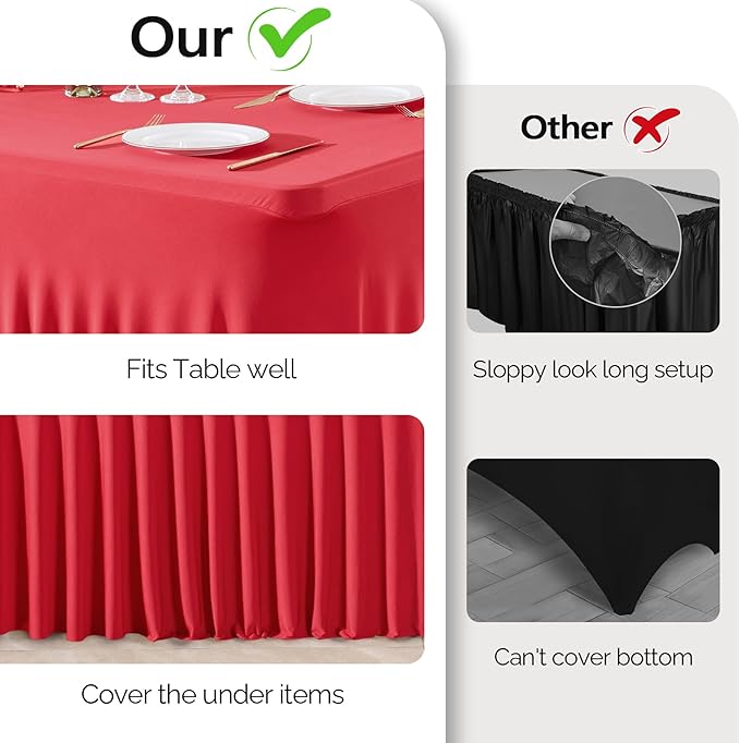 2 Pack Red Spandex Table Clothes for 8 Foot Rectangle Tables, 8FT Wrinkle Free Fitted Tablecloths Ruffles Design Stretch Table Cover for Party, Banquet, Wedding and Events