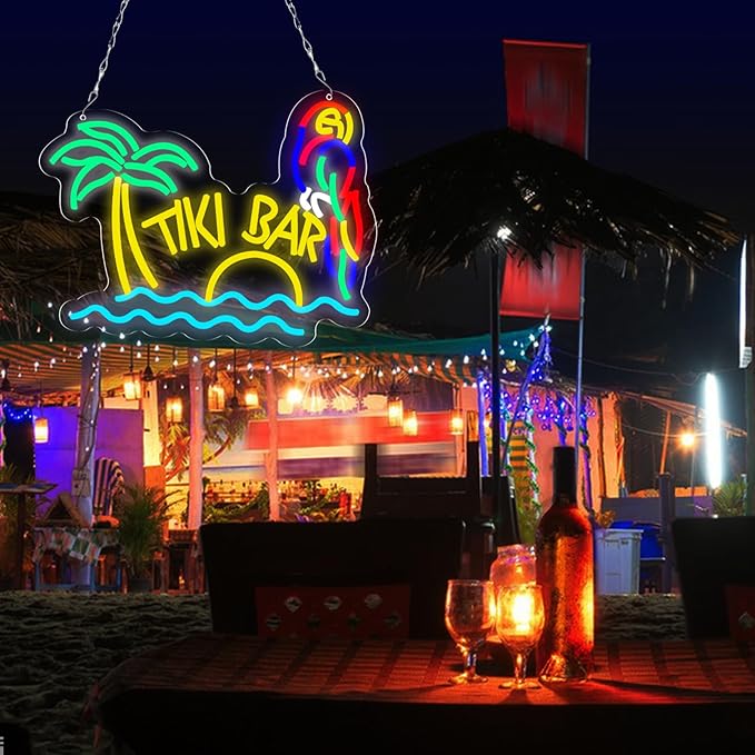 LED Neon Tiki Bar Signs Dimmable Beach Theme Wall Decor Hawaii Pool Bar Party Gift for Boys Girls-16 x 12.2 IN-USB Powered-Acrylic
