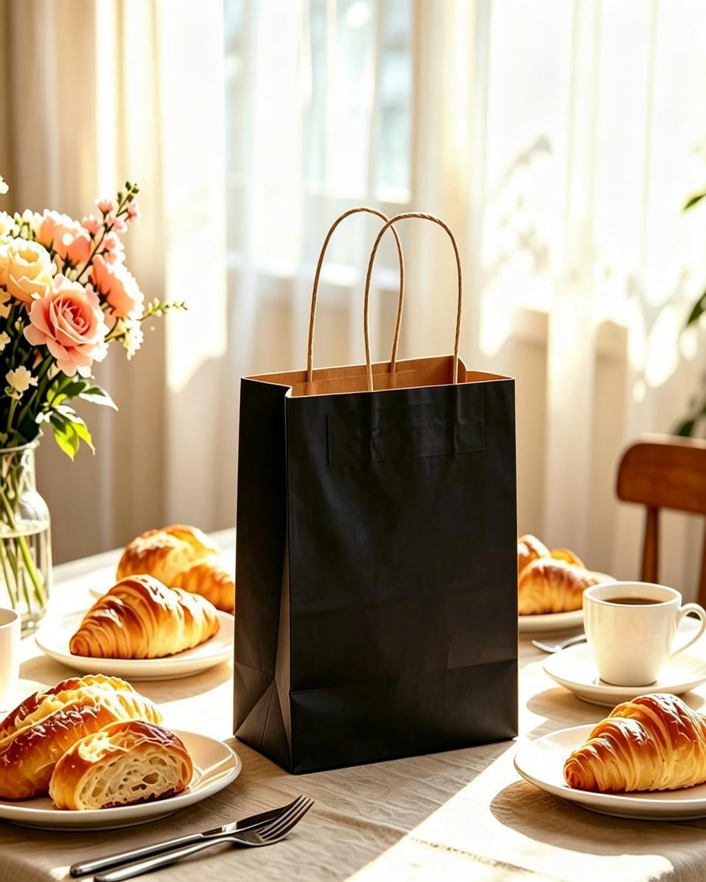 qiqee 600-packs black paper gift bags with handles on a desk or shelf
