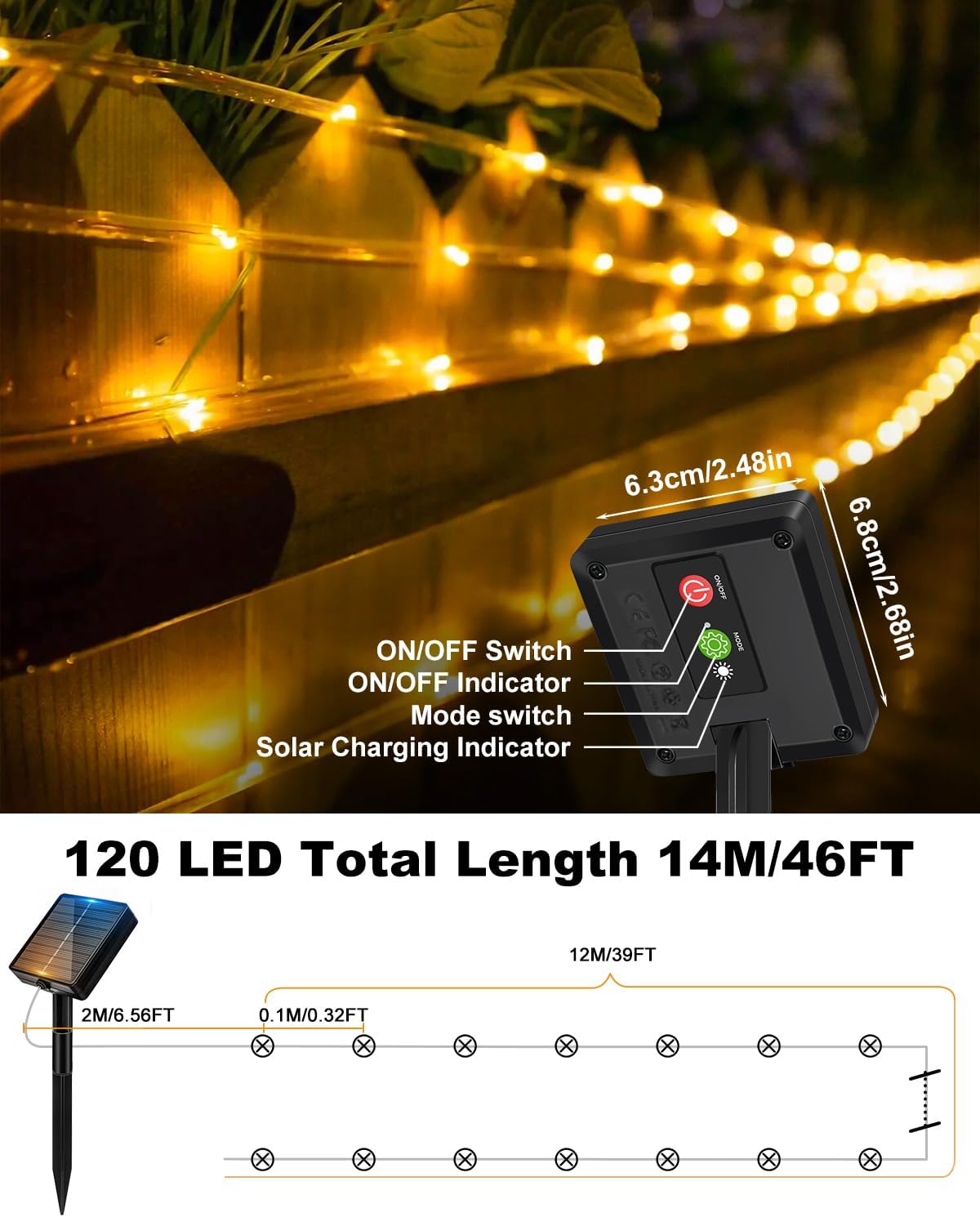 btfarm solar rope lights, 120led 46ft string lights on a desk or shelf