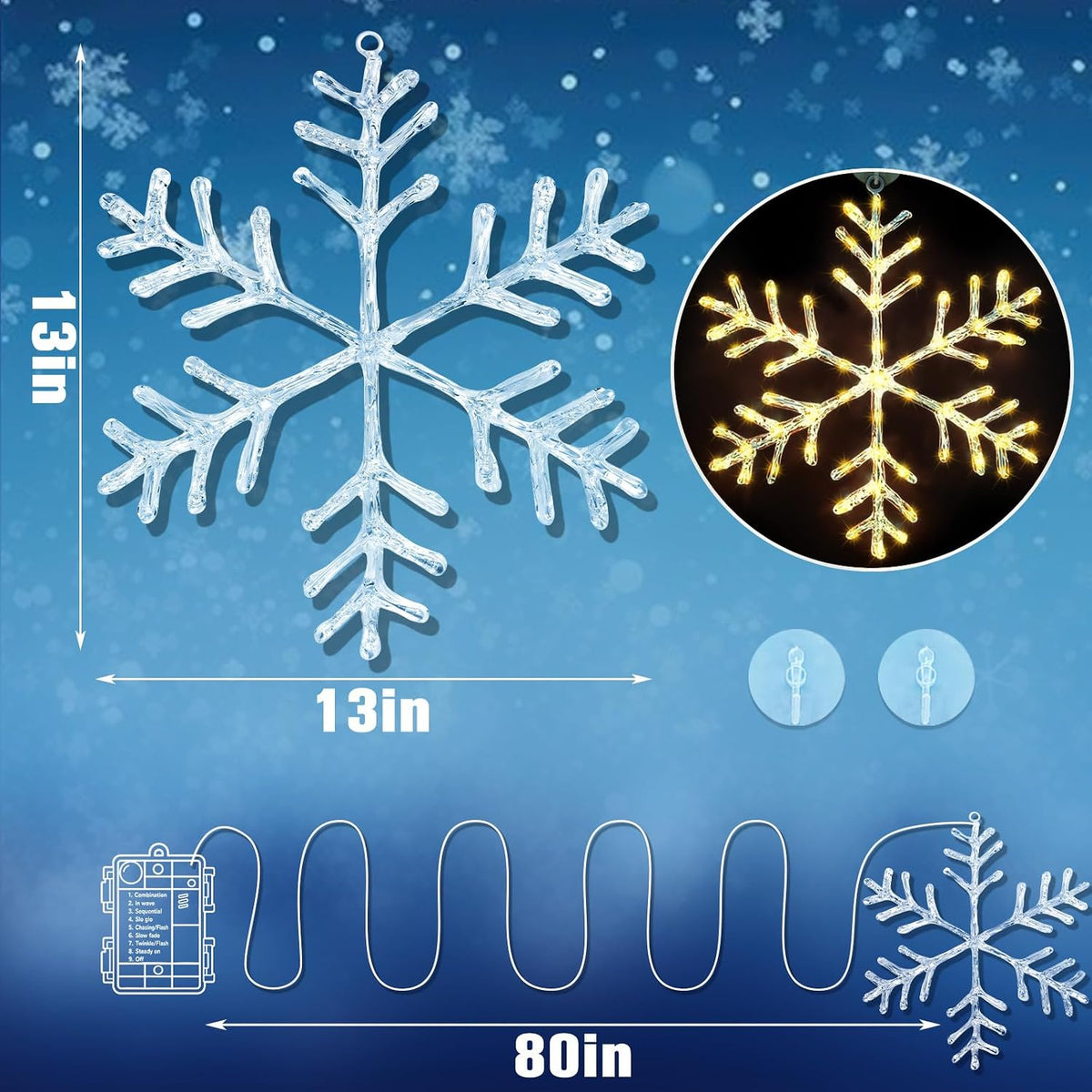 christmas window snowflake hanging lights, warm white, 13 shown in use