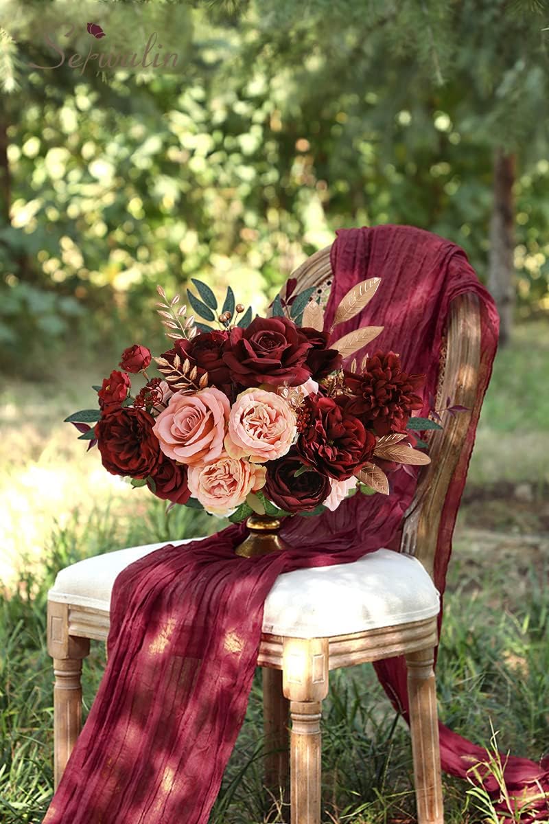 Burgundy Pink Artificial Flowers, Fake Silk Flowers for Wedding