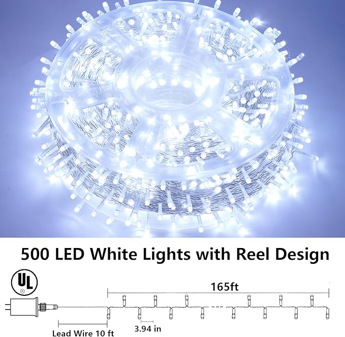 YEGUO 165ft 500 LED White Christmas Lights Outdoor Waterproof, Clear Wire String Lights Indoor, Twinkle Tree Lights Plug in with Timer Memory