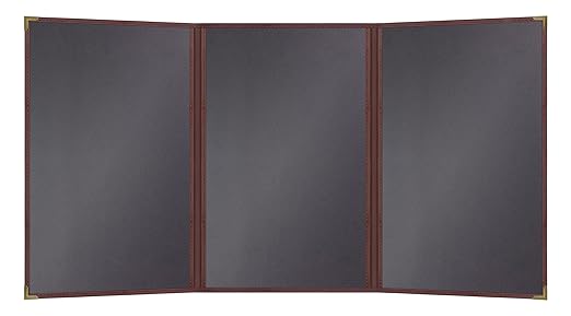 Goodsmart Pajco Style Restaurant Menu Covers – Pack of 10, Side-Load Fold-Out Menu Holders, Single Stitched Edge Clear Vinyl Menu Sleeves, Leatherette Trim Gold Corners, Burgundy, 3 View (8.5" x 14")
