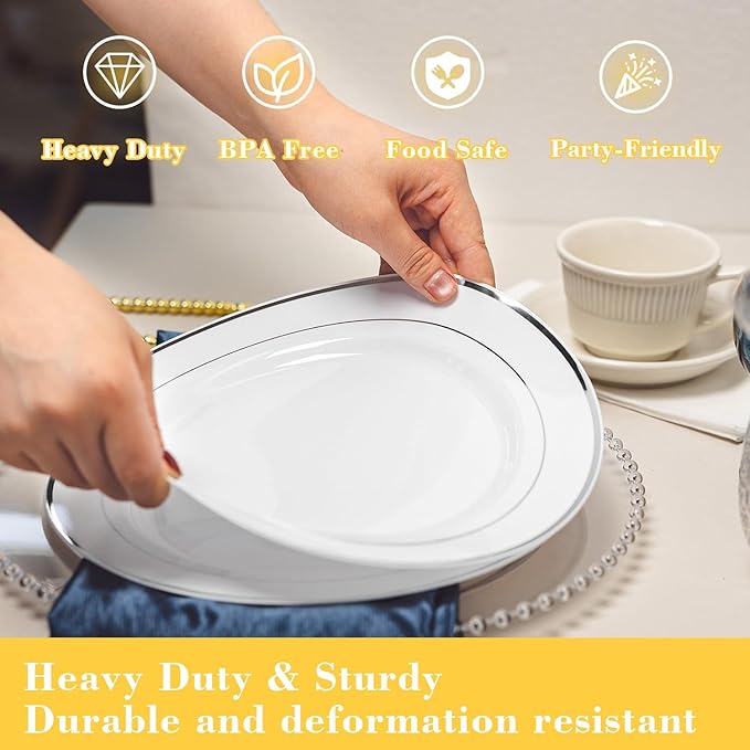 N9R 100PCS Silver Plastic Plates, 10.25 inch White Disposable Dinner Plate with Silver Rim, Heavy Duty Plates for Party, Wedding and Birthday