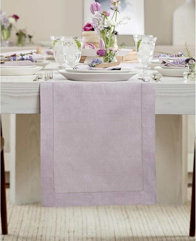 Solino Home Linen Lilac Table Runner 120 Inches Long - 100% Pure Linen Hemstitch 14 x 120 Inch Table Runner for Dining, Fall, Autumn, Thanksgiving, Christmas - Classic Hemstitch