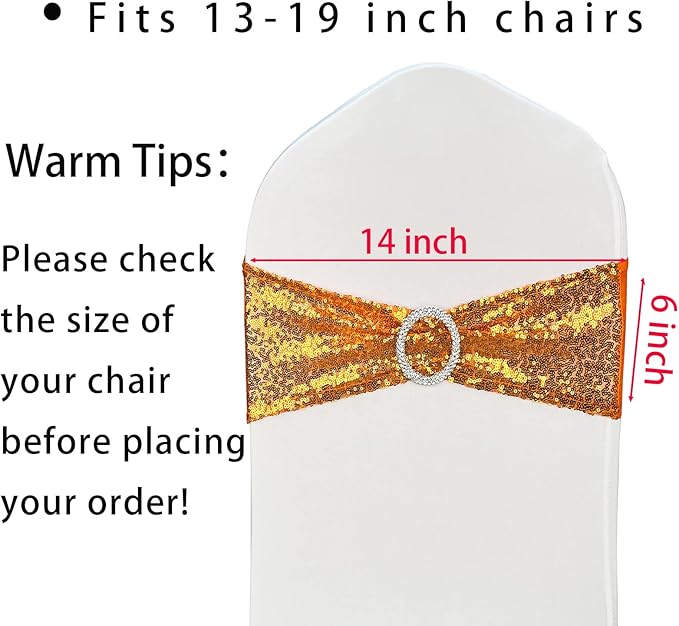 100 Pcs Chair Sashes Sequin Stretch Chair Bands Spandex Polyester Bows for Party Hotel Wedding Banquets Decoration - Orange