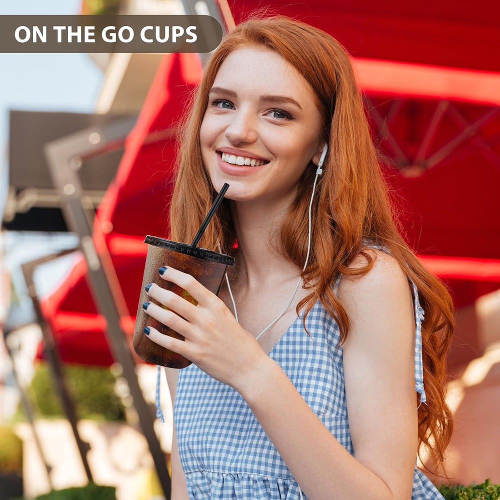 tchrules 150 Set 16oz Black Plastic Disposable Cups with Lids and Straws