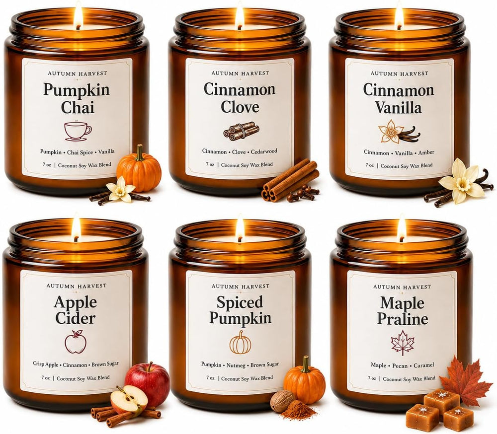 Fall Scented Candle Set of 6, 7 oz Soy Candles for Home, Autumn Gift Set