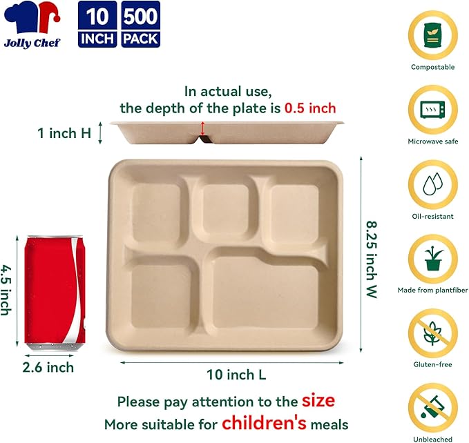 JOLLY CHEF Compostable 𝟱 Compartment Paper Plates 𝟭𝟭 * 𝟴 𝗶𝗻𝗰𝗵 [𝟱𝟬𝟬 𝗣𝗮𝗰𝗸] Heavy Duty Natural Divided Disposable Eco-Friendly Biodegradable Containers Food Trays for Dinner Lunch Buffet (500 Pack)